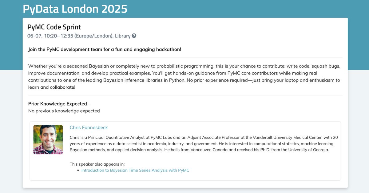 PyMC Developers https://bayes.club/@pymc (@pymc_devs) on Twitter photo ๐ Join us for the PyMC Code Sprint at #PyDataLondon
๐๏ธ June 7 | ๐ฅ 10:20โ12:35
๐ cfp.pydata.org/london2025/talโฆ
Contribute to #PyMCโfix bugs, write docs, build examplesโand learn directly from core devs.
No prior experience neededโjust your laptop and curiosity!
See you there! ๐ Join us for the PyMC Code Sprint at #PyDataLondon
๐๏ธ June 7 | ๐ฅ 10:20โ12:35
๐ cfp.pydata.org/london2025/talโฆ
Contribute to #PyMCโfix bugs, write docs, build examplesโand learn directly from core devs.
No prior experience neededโjust your laptop and curiosity!
See you there!