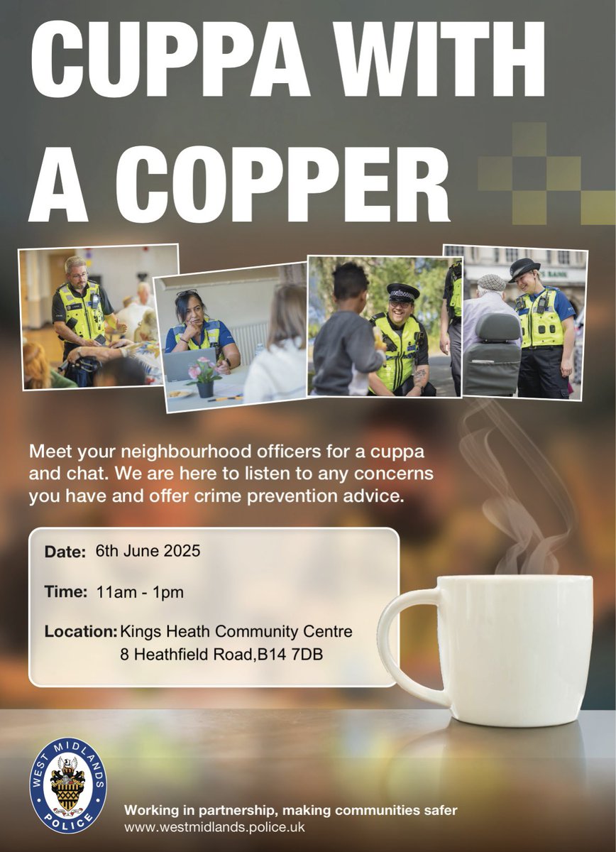 MoseleyHeathWMP's tweet image. Please feel free to come along and speak to a local officer from the Moseley and Kings Heath Neighbourhood Team👮♂️
@NKirkpatrickWMP #wmp