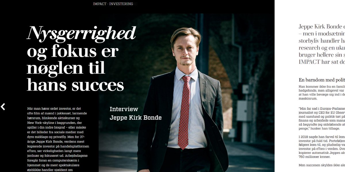 Jeppe Kirk Bonde (@jeppekirkbonde) on Twitter photo Dear fellow investors,
Todayโs ๐๐บ๐ฝ๐ฎ๐ฐ๐ ๐ ๐ฎ๐ด๐ฎ๐๐ถ๐ป๐ฒ in Denmark features a story about my life and my investments on eToro.
The article covers my calm day-to-day life in Dubai and Europe - of mostly sitting in front of the computer, ๐ฑ๐ผ๐ถ๐ป๐ด ๐ฑ๐ถ๐น๐ถ๐ด๐ฒ๐ป๐ Dear fellow investors,
Todayโs ๐๐บ๐ฝ๐ฎ๐ฐ๐ ๐ ๐ฎ๐ด๐ฎ๐๐ถ๐ป๐ฒ in Denmark features a story about my life and my investments on eToro.
The article covers my calm day-to-day life in Dubai and Europe - of mostly sitting in front of the computer, ๐ฑ๐ผ๐ถ๐ป๐ด ๐ฑ๐ถ๐น๐ถ๐ด๐ฒ๐ป๐