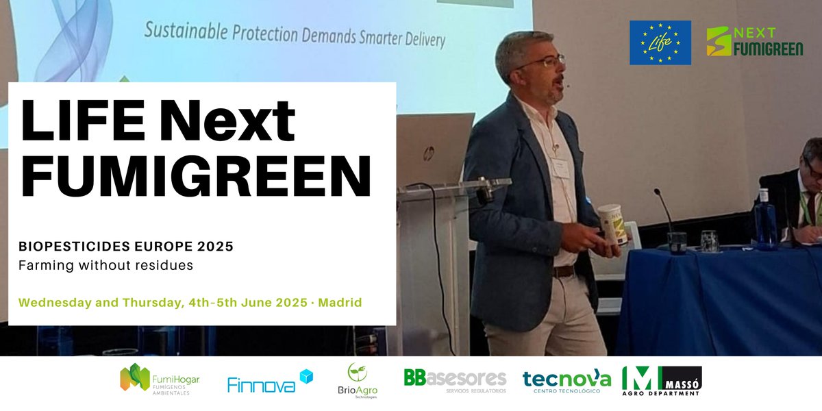 LNextfumigreen's tweet image. Carlos Ramos (@fumi_gol ) presented #LIFENextFUMIGREEN at #BiopesticidesEurope2025 in Madrid
💨 Dry microdispersion: effective, water-free, residue-free
👉 LIFE project: €2.7M, 6 partners
📎 lifefumigreen.finnova.eu
#LIFEAmplifiers #EUGreenDeal @cinea_eu @LIFEprogramme