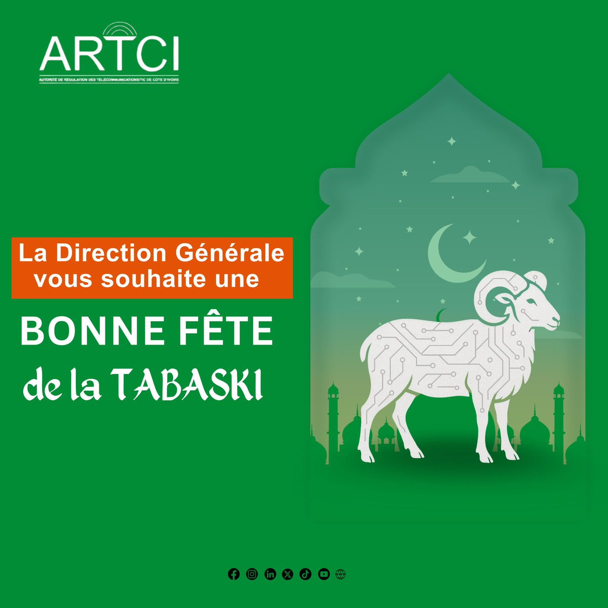 🕌 Bonne fête de la Tabaski à Tous 🌙
 
Nos voeux les plus chaleureux à chacun d’entre vous et à vos familles. ✨

#artci #autoritéderégulation