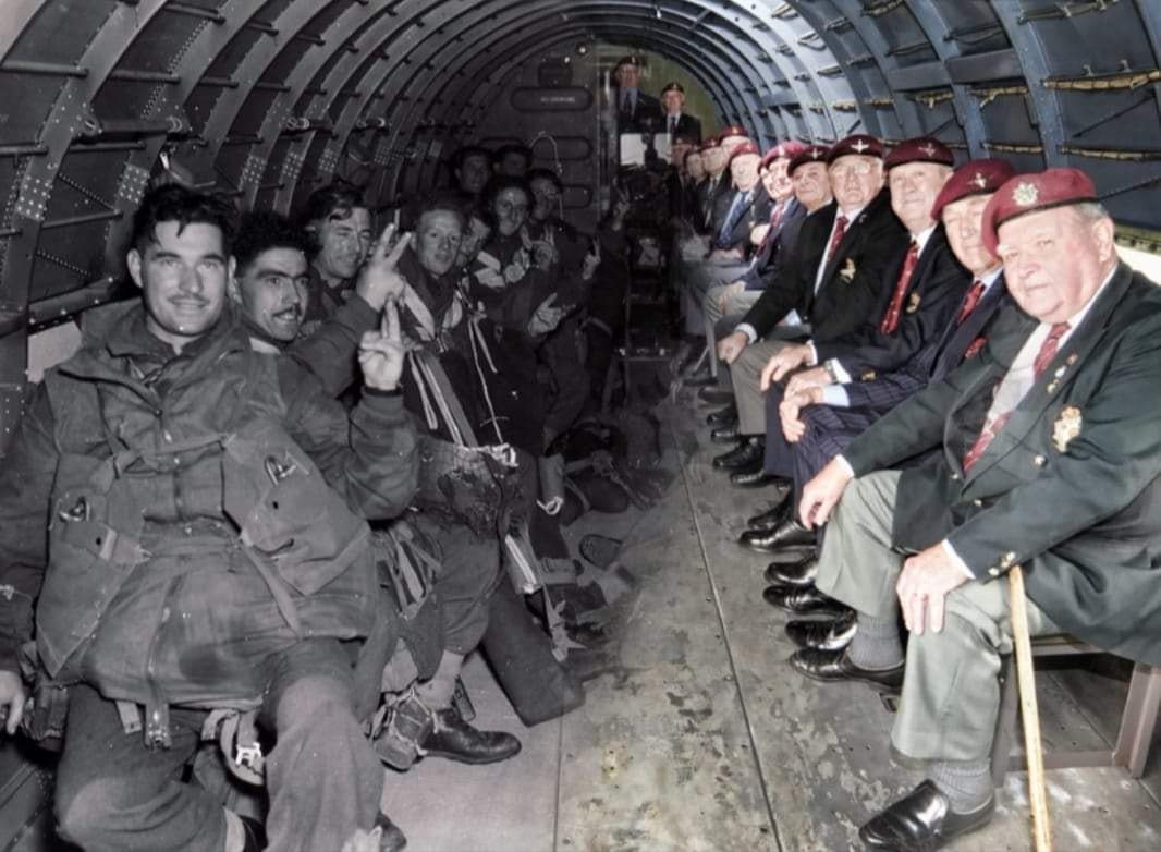WW2 British paratrooper veterans sitting infront of their younger self on the plane that dropped them on Normandy. Proper hero's every single one of them!