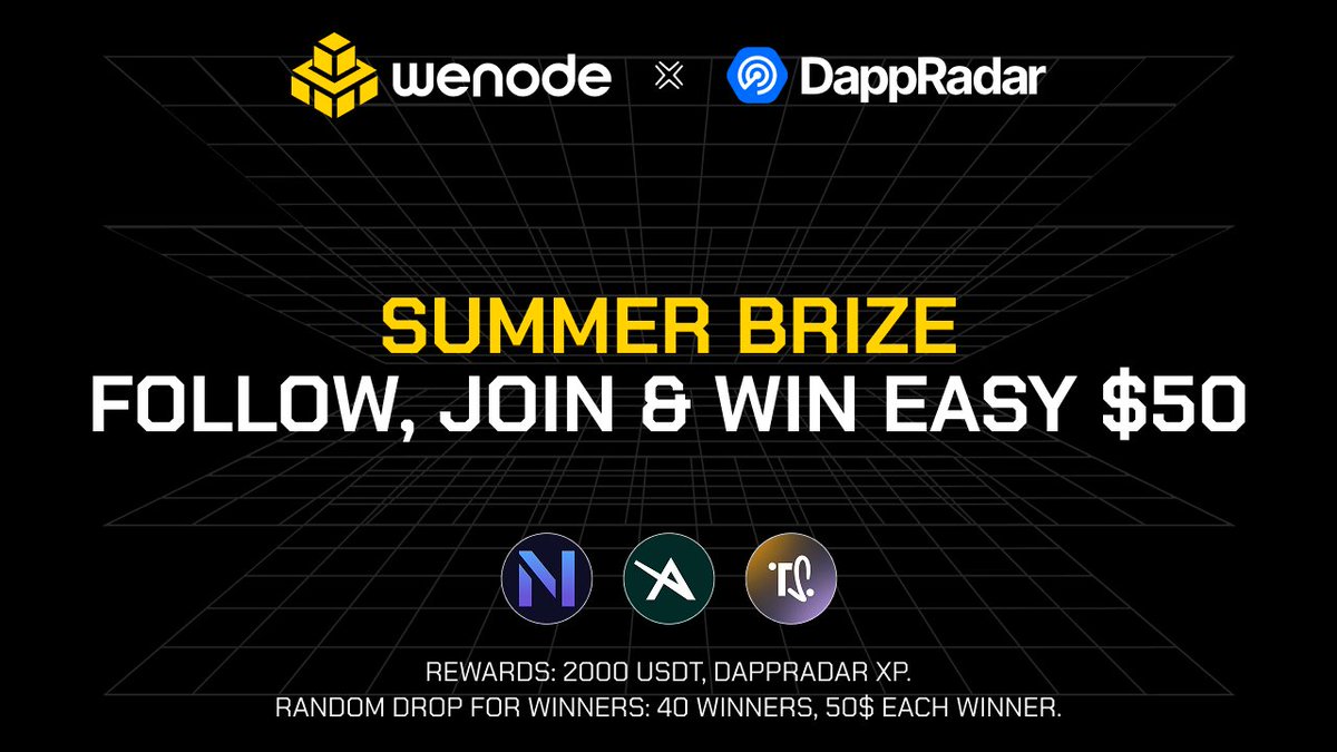 WenodeIO's tweet image. 🚀 WeNode ×  @DappRadar  
Summer Brize is live!

We’ve joined forces with top projects across GameFi, AI, DePIN &amp;amp; SocialFi for a cross-ecosystem sprint.

What to do:
• Follow all partners
@NewmoneyAI @astrenaai @timesoulcom 
• Join their chats
• Retweet the post

🎁 $2 000…