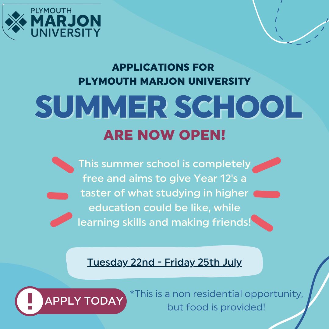 Applications are now open for the upcoming Year 12 summer school delivered by Plymouth Marjon University! It will give you a taster of what it’s like to study in higher education. Visit the link below for more information and to apply!
nextstepssw.ac.uk/events-and-act…