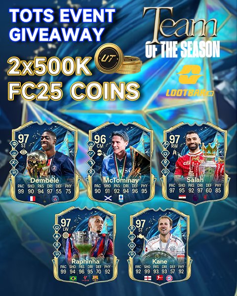 LootBar_gg_FC25's tweet image. FC25 ULTIMATE TOTS Giveaway
🏆Prizes: 2 x 500,000 FC25 Coins
⭐️⭐️2️⃣ Winners！⭐️⭐️
🔸To Enter：Follow👤+ Like❤+ RT🔄
🔸MUST FOLLOW：@LootBar_gg_FC25
🔸Ends June 11st (UTC) 🔚 #fc25 #giveaway #lootbar