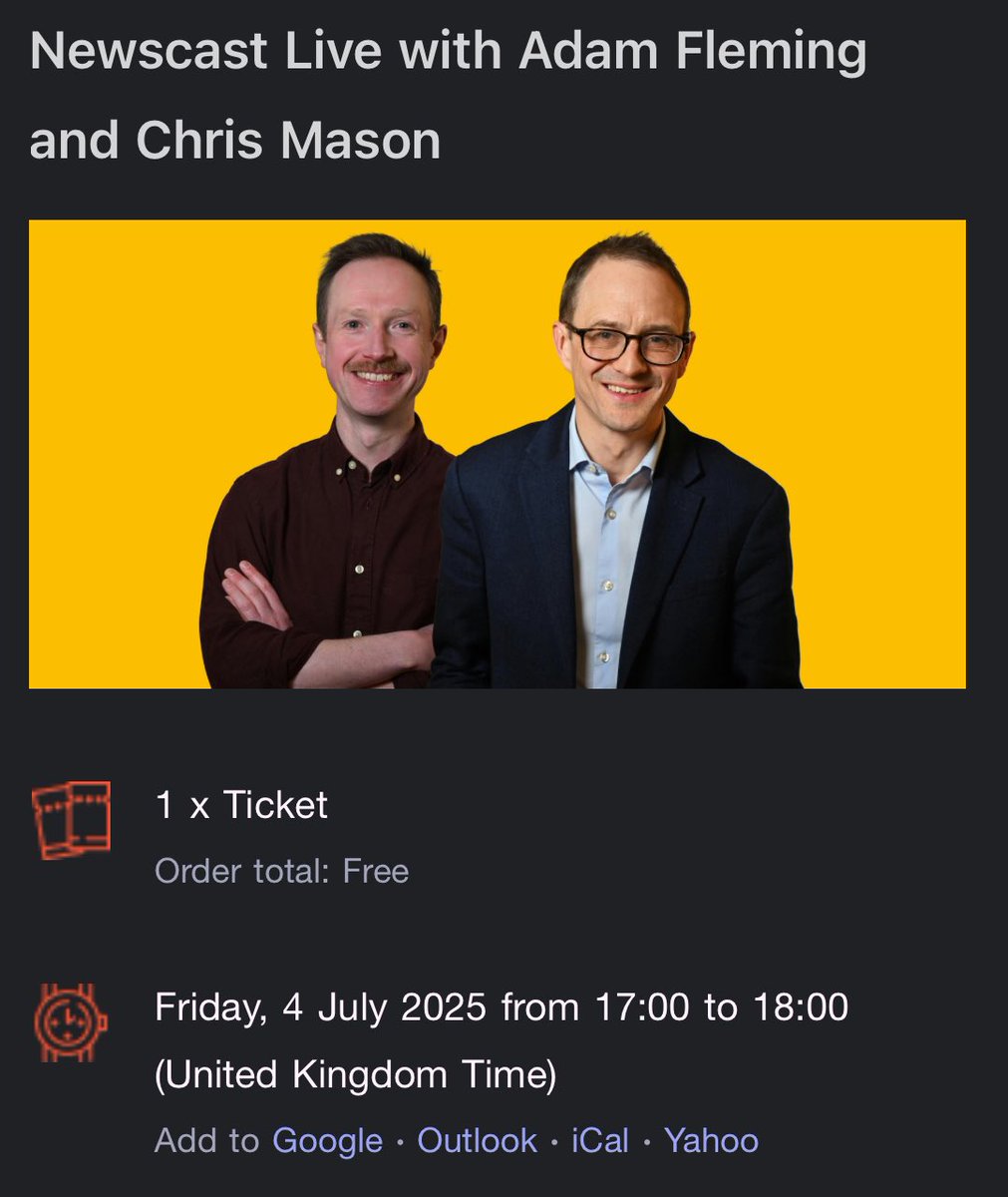Izzy Amelia (@izzyamelia99) on Twitter photo Got my ticket for #Newscast on 4th July at <a href="/crossedwires_/">Crossed Wires Festival</a> to see <a href="/ChrisMasonBBC/">Chris Mason</a> and <a href="/adamfleming/">Adam Fleming</a>! See you guys in Sheffield! Got my ticket for #Newscast on 4th July at <a href="/crossedwires_/">Crossed Wires Festival</a> to see <a href="/ChrisMasonBBC/">Chris Mason</a> and <a href="/adamfleming/">Adam Fleming</a>! See you guys in Sheffield!