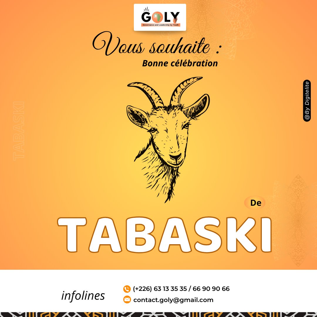 [ Bonne fête de la Tabaski à toutes et à tous ]

GOLY vous souhaite une journée remplie de paix, de foi et de partage.
Que cette célébration renforce notre solidarité et notre engagement pour un avenir meilleur 🙏

#GOLY