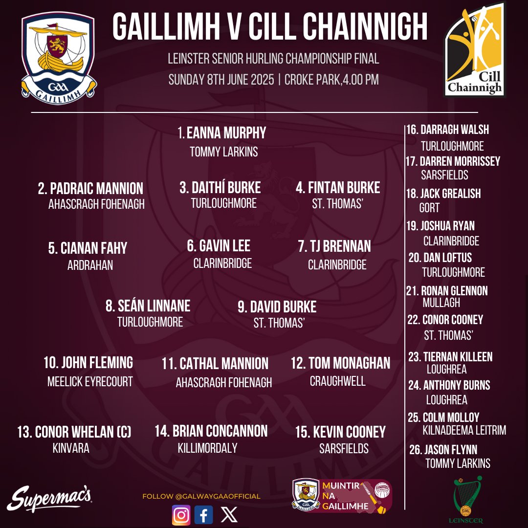 🚨TEAM NEWS 🚨
Leinster Senior Hurling Final

GALWAY V KILKENNY
📍Páirc an Chrócaigh
🗓️Sunday 8th June
🕓4.00pm
📱Live Scores via <a href="/WhatstheScor/">Whats The Scór</a>  App
📻 Commentary on Galway Bay FM, RnaG Spórt
📺 Watch Live on RTE TV
Match Tickets are on sale here ⤵️
am.ticketmaster.com/gaa/leinstersh…

Best