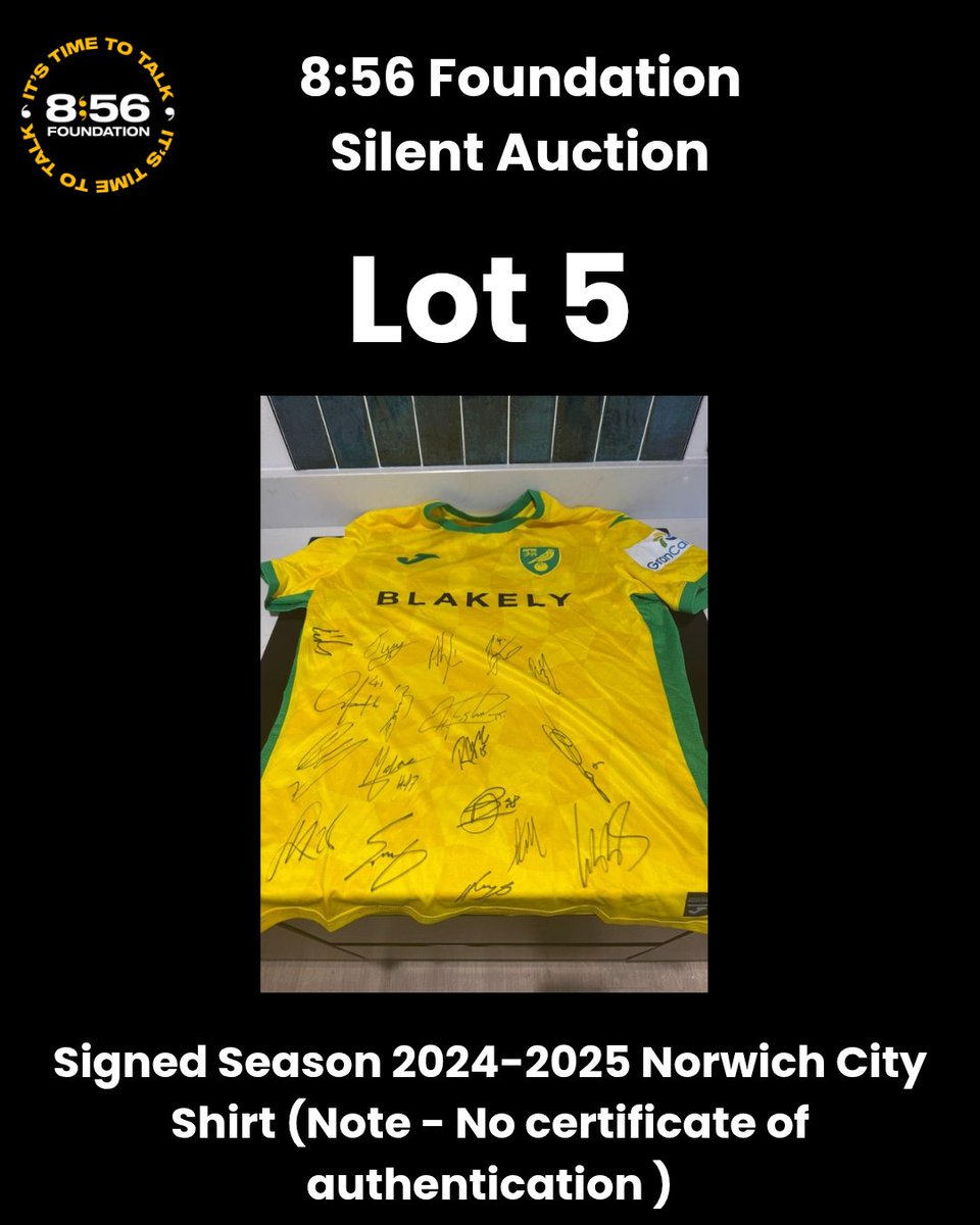 8:56 Foundation (@856foundation) on Twitter photo We have an auction as part of our #WearItGreen game on Sunday
We have one lonely Lot with no bids
There must be a Canaries fan out there who would like a signed 24/25 Home Shirt...
Email at auction@856.org.uk
You'll be raising funds for men's mental health
<a href="/NorwichCityFSC/">Norwich City FSC</a> We have an auction as part of our #WearItGreen game on Sunday
We have one lonely Lot with no bids
There must be a Canaries fan out there who would like a signed 24/25 Home Shirt...
Email at auction@856.org.uk
You'll be raising funds for men's mental health
<a href="/NorwichCityFSC/">Norwich City FSC</a>