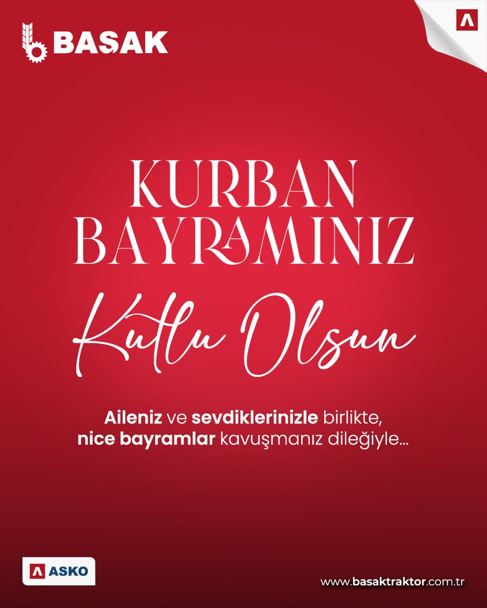 Sevdiklerinizle birlikte sağlık, huzur ve mutluluk içinde bir bayram geçirmenizi dileriz. 
Kurban Bayramınız Mübarek Olsun.
#BAŞAKTraktor #BASAKTractor #TercihimBAŞAK #TercihimBASAK #BirlikteDahaGüçlü #StrongerTogether #ToprağınızdakiBereket  #BAŞAKAgri #kurbanbayramı