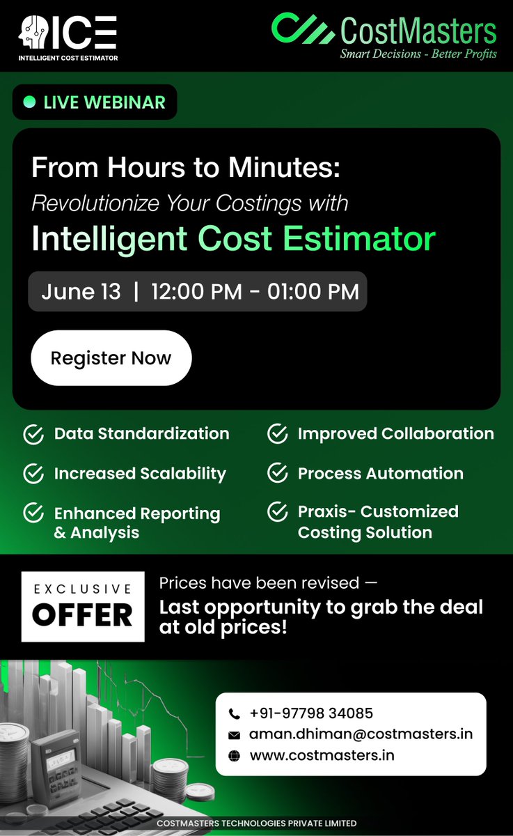 Join our exclusive webinar on June 13th to discover how Intelligent Cost Estimator revolutionizes:

⏰ Limited-time offer: Lock in old pricing before revisions!
👉 Register now: [Link to Registration]
📅 June 13 | 12:00 - 1:00 PM IST