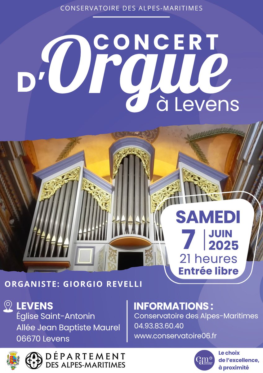 Village de Levens (@villelevens) on Twitter photo Concert d’Orgue à Levens
C’est avec un grand plaisir que le Conservatoire des Alpes-Maritimes vous annonce la tenue d’un concert exceptionnel d’orgue !
<a href="/AlpesMaritimes/">alpesmaritimes</a> Concert d’Orgue à Levens
C’est avec un grand plaisir que le Conservatoire des Alpes-Maritimes vous annonce la tenue d’un concert exceptionnel d’orgue !
<a href="/AlpesMaritimes/">alpesmaritimes</a>