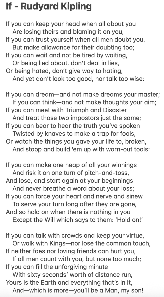 GarethCliff's tweet photo. I have little to say about Men's Mental Health Month, but Kipling said everything every man has to know in this excellent poem, much as it is ridiculed by so-called 'intellectuals': https://t.co/DzQ6cFrmRU