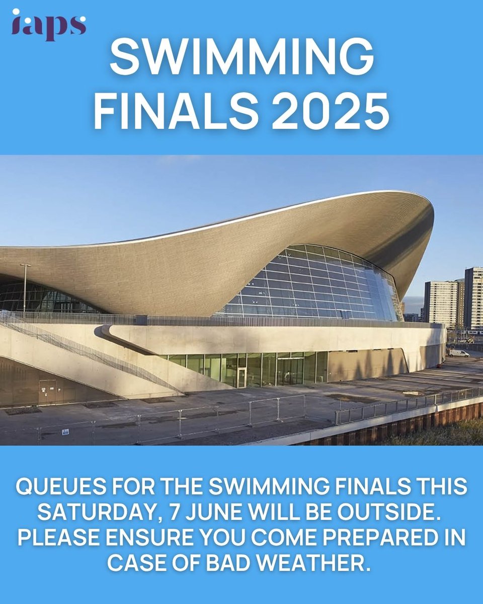 IAPS Sport (@iapsuksport) on Twitter photo Spectator Notice - IAPS Swimming Finalsย ๐จ
Please be aware thatย spectator queuing at the London Aquatics Centre will take place outsideย the venue. 
We kindly ask all attendees toย come prepared for the weather. โ๐งฅ Thank you for your understanding! Spectator Notice - IAPS Swimming Finalsย ๐จ
Please be aware thatย spectator queuing at the London Aquatics Centre will take place outsideย the venue. 
We kindly ask all attendees toย come prepared for the weather. โ๐งฅ Thank you for your understanding!