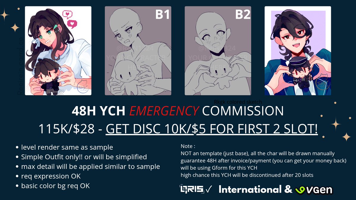 RT &amp; Likes are very appreciated!   

— 48H CHAR + NUI YCH COMMS 🌟 
#VGenComm #artidn 

⚠ 20 SLOT ONLY⚠
Get discount for first 2 slot (local an inter separated) ❤

This urgent comms to cover my final exam projects money cost 🥲

Link order local in below ‼️