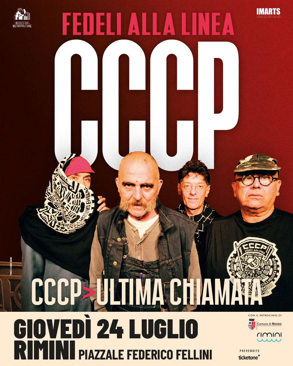 🔥 Tra le onde del mare e la suggestiva cornice di Piazzale Federico Fellini, i CCCP - Fedeli alla Linea ripropongono l’energia punk degli anni ’80, in una tappa imperdibile del tour “Ultima chiamata” a Rimini!

📆 24 luglio 2025 | Rimini, Piazzale Federico Fellini

🎫 Acquista
