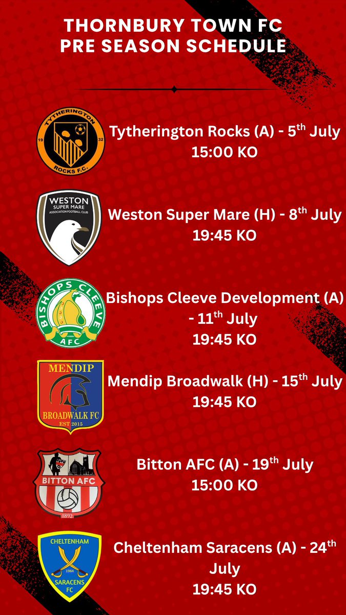 Thornbury Town FC (@thornburytownfc) on Twitter photo Here’s how we prepare for the upcoming season.
We welcome <a href="/WSM_AFCOfficial/">Weston-super-Mare AFC</a> and <a href="/MendipBroadwalk/">Mendip Broadwalk FC</a> to The Mundys
After kicking things off with an A38 Derby against <a href="/rocks_fc/">Tytherington Rocks FC</a>
We also travel to <a href="/BishopsCleeveFC/">Bishops Cleeve FC</a> Development, <a href="/BittonAFC/">BittonAFC©</a> and finish pre season against <a href="/SaracensFC/">Cheltenham Saracens FC</a> Here’s how we prepare for the upcoming season.
We welcome <a href="/WSM_AFCOfficial/">Weston-super-Mare AFC</a> and <a href="/MendipBroadwalk/">Mendip Broadwalk FC</a> to The Mundys
After kicking things off with an A38 Derby against <a href="/rocks_fc/">Tytherington Rocks FC</a>
We also travel to <a href="/BishopsCleeveFC/">Bishops Cleeve FC</a> Development, <a href="/BittonAFC/">BittonAFC©</a> and finish pre season against <a href="/SaracensFC/">Cheltenham Saracens FC</a>