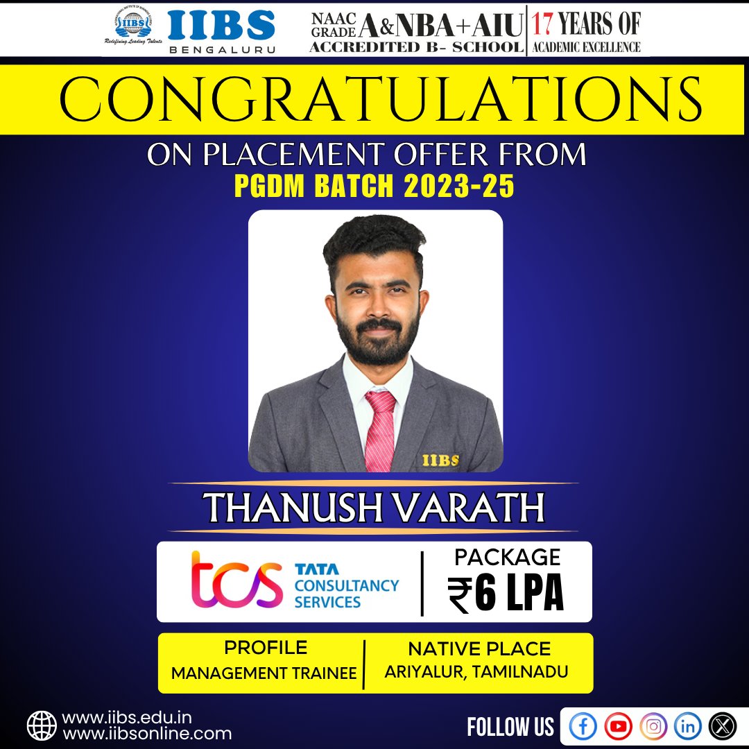 iibsonline's tweet image. Congratulations, Thanush Varath, from the PGDM Batch 2023–25, has secured a placement offer from TCS (Tata Consultancy Services) as a Management Trainee!

#IIBSBangalore #PGDMSuccess #TCSPlacement #ProudMoment #StudentSuccess #IIBSPlacement #FutureLeader #explorepage #expolre