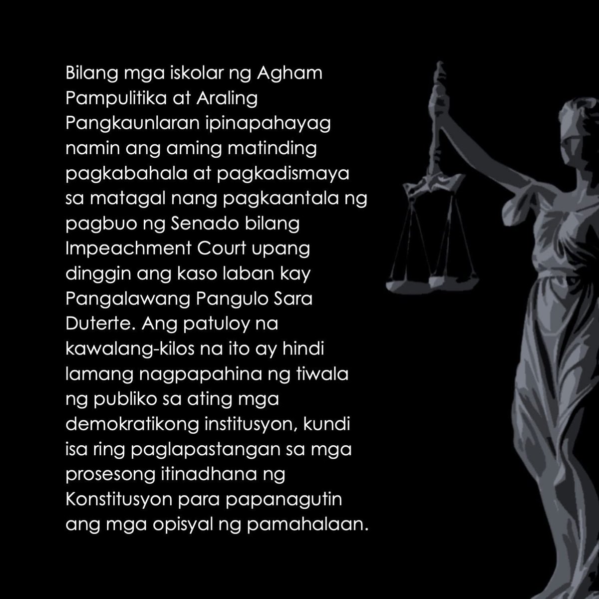 inquirerdotnet's tweet photo. LOOK: De La Salle University's department of political science joins the chorus of voices demanding the Senate to fulfill its constitutional duty and to start the impeachment trial of VP Sara Duterte, saying the upper chamber cannot be a purveyor of impunity. | @krixiasINQ /PDI

Visit https://t.co/AuYsgsogFf for updates, stories and more.