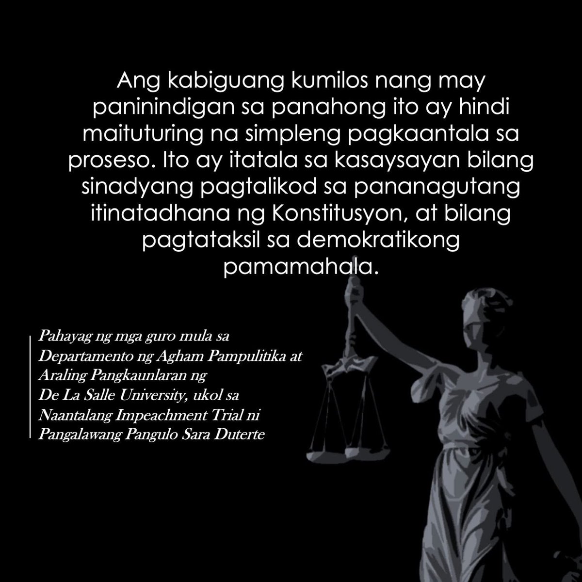 LOOK: De La Salle University's department of political science joins the chorus of voices demanding the Senate to fulfill its constitutional duty and to start the impeachment trial of VP Sara Duterte, saying the upper chamber cannot be a purveyor of impunity. | <a href="/krixiasINQ/">Krixia Subingsubing</a> /PDI