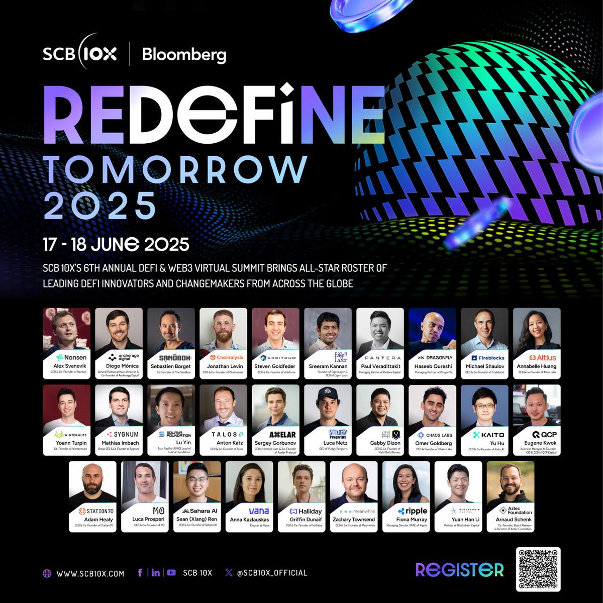 Pudgy Thailand / Thai.pudgy 🐧 🇹🇭 (@pudgythailand) on Twitter photo REDeFiNE TOMORROW is back for the 6th year in a row! And stronger than ever!🔥
Mark your calendars for June 17–18, 2025, and join us for REDeFiNE TOMORROW 2025, one of the world’s leading virtual summits on DeFi & Web3 co-hosted by SCB 10X and Bloomberg.
Join us & <a href="/LucaNetz/">Luca Netz 🐧✳️</a> , REDeFiNE TOMORROW is back for the 6th year in a row! And stronger than ever!🔥
Mark your calendars for June 17–18, 2025, and join us for REDeFiNE TOMORROW 2025, one of the world’s leading virtual summits on DeFi & Web3 co-hosted by SCB 10X and Bloomberg.
Join us & <a href="/LucaNetz/">Luca Netz 🐧✳️</a> ,
