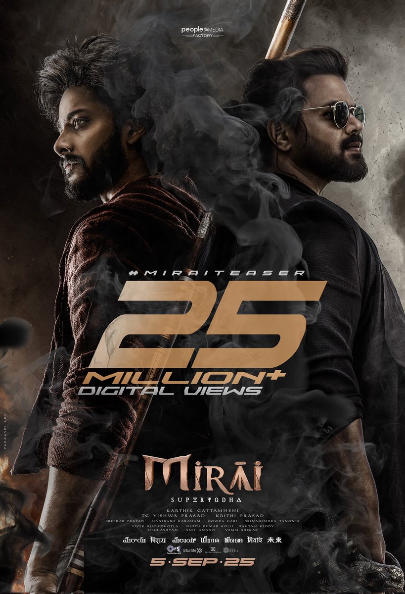 People Media Factory (@peoplemediafcy) on Twitter photo The response to the Epic faceoff between Super Yodha & Black Sword continues to soar higher 🔥🔥
2️⃣5️⃣ MILLION+ Digital Views for #MiraiTeaser 💥💥
— bit.ly/MiraiTeaser
#MIRAI in cinemas from SEPTEMBER 5th, 2025.
SuperHero <a href="/tejasajja123/">Teja Sajja</a>
Rocking Star <a href="/HeroManoj1/">Manoj Manchu🙏🏻❤️</a> The response to the Epic faceoff between Super Yodha & Black Sword continues to soar higher 🔥🔥
2️⃣5️⃣ MILLION+ Digital Views for #MiraiTeaser 💥💥
— bit.ly/MiraiTeaser
#MIRAI in cinemas from SEPTEMBER 5th, 2025.
SuperHero <a href="/tejasajja123/">Teja Sajja</a>
Rocking Star <a href="/HeroManoj1/">Manoj Manchu🙏🏻❤️</a>