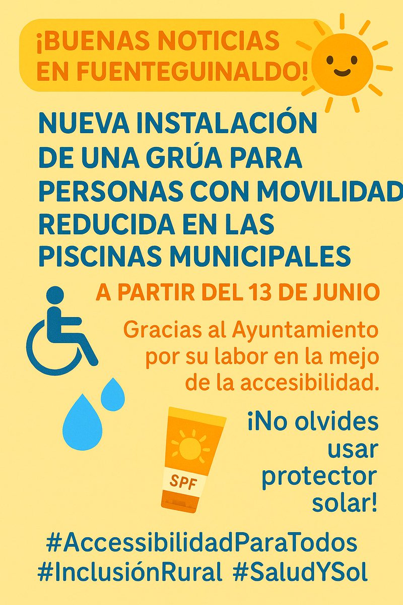 ♿💧 ¡Buena noticia en Fuenteguinaldo!

El 13 de junio reabren las piscinas…¡y este año con grúa para personas con movilidad reducida! 👏
Un paso clave hacia la inclusión real en el medio rural.
Gracias al Ayuntamiento por hacerlo posible.
#Accesibilidad #SanidadRural #Inclusión