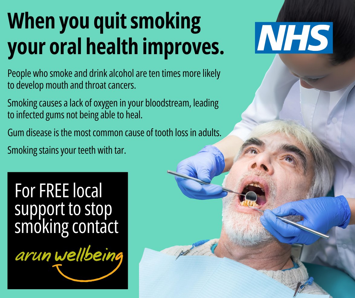 12 May-12 June is #NationalSmileMonth, promoting oral health.

Stopping smoking, and reducing alcohol consumption can improve your oral health, lowering your risk for tooth decay, gum disease and oral cancer.

Contact Arun Wellbeing for FREE local support:
arun.westsussexwellbeing.org.uk/contact-us