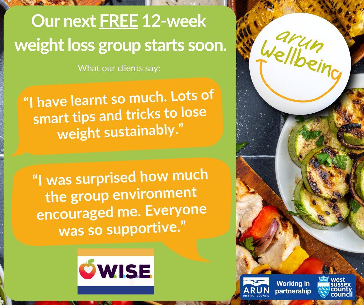 Our next WISE weight loss group starts in July in Littlehampton.

If you'd like to join this FREE 12-week course please fill out the referral form on our website and one of our Advisers will call you to book your space:
arunwellbeing.org.uk