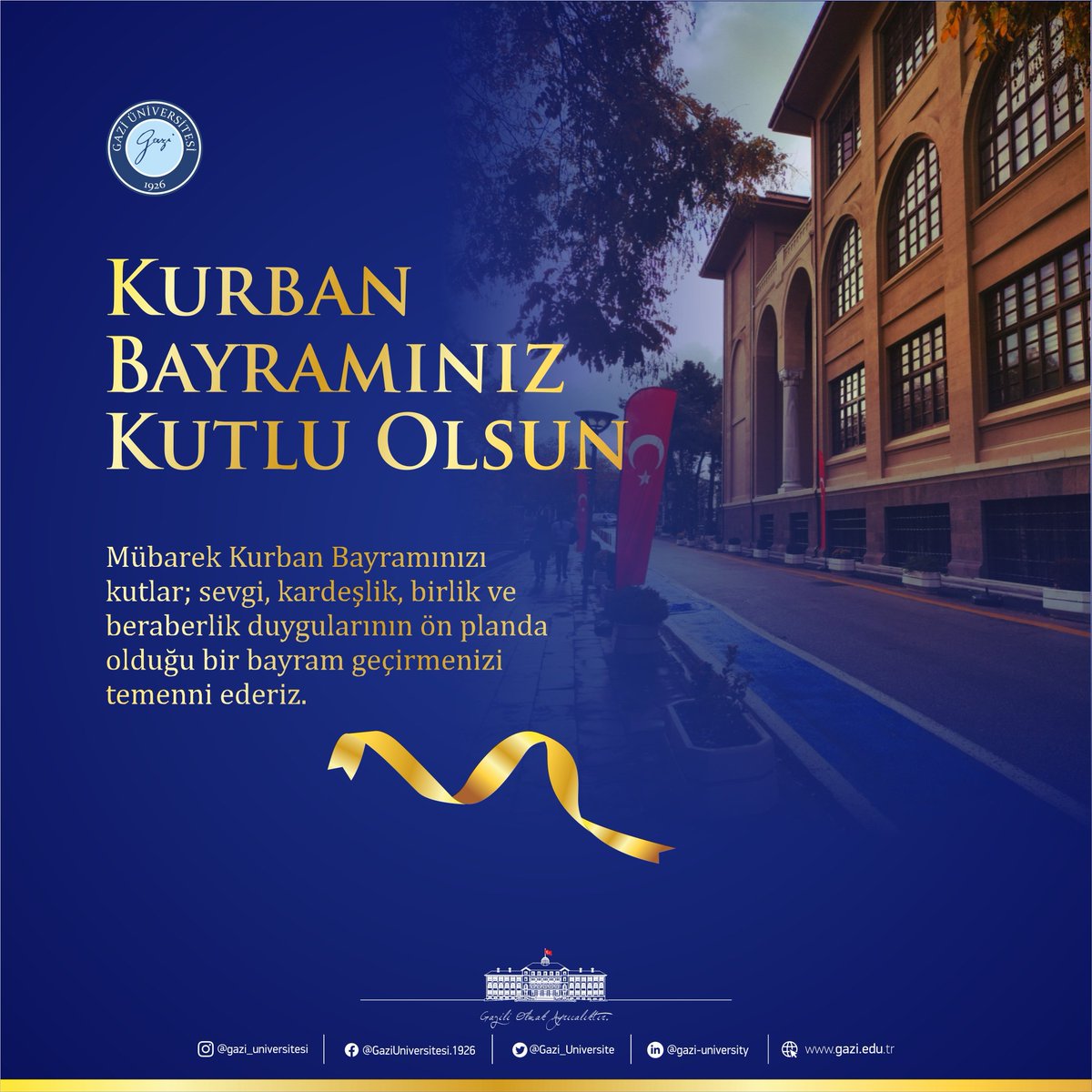 🔵 Mübarek Kurban Bayramınızı kutlar; sevgi, kardeşlik, birlik ve beraberlik duygularının ön planda olduğu bir bayram geçirmenizi temenni ederiz.

#GaziÜniversitesi
