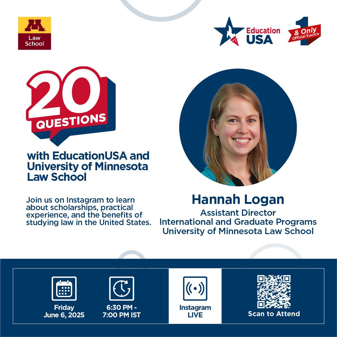 Thinking about studying law in the U.S. ? 

Join us this Friday, June 6 at 6:30 PM IST for a 20 Questions Instagram Live with the University of Minnesota Law School, a top-ranked school offering  scholarships, real-world experiences, and unbeatable value!

To register, scan the