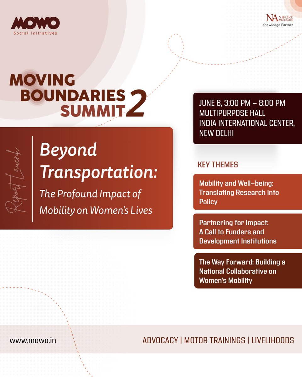 Excited to host the 2nd edition of the Moving Boundaries Summit (MOBO 2) today.  
#MOBO2 will witness the launch of our landmark research: “Beyond Transportation – The Profound Impact of Mobility on Women’s Lives”

📅 June 6 |  3–8 PM  
📍 Multipurpose Hall IIC, New Delhi
