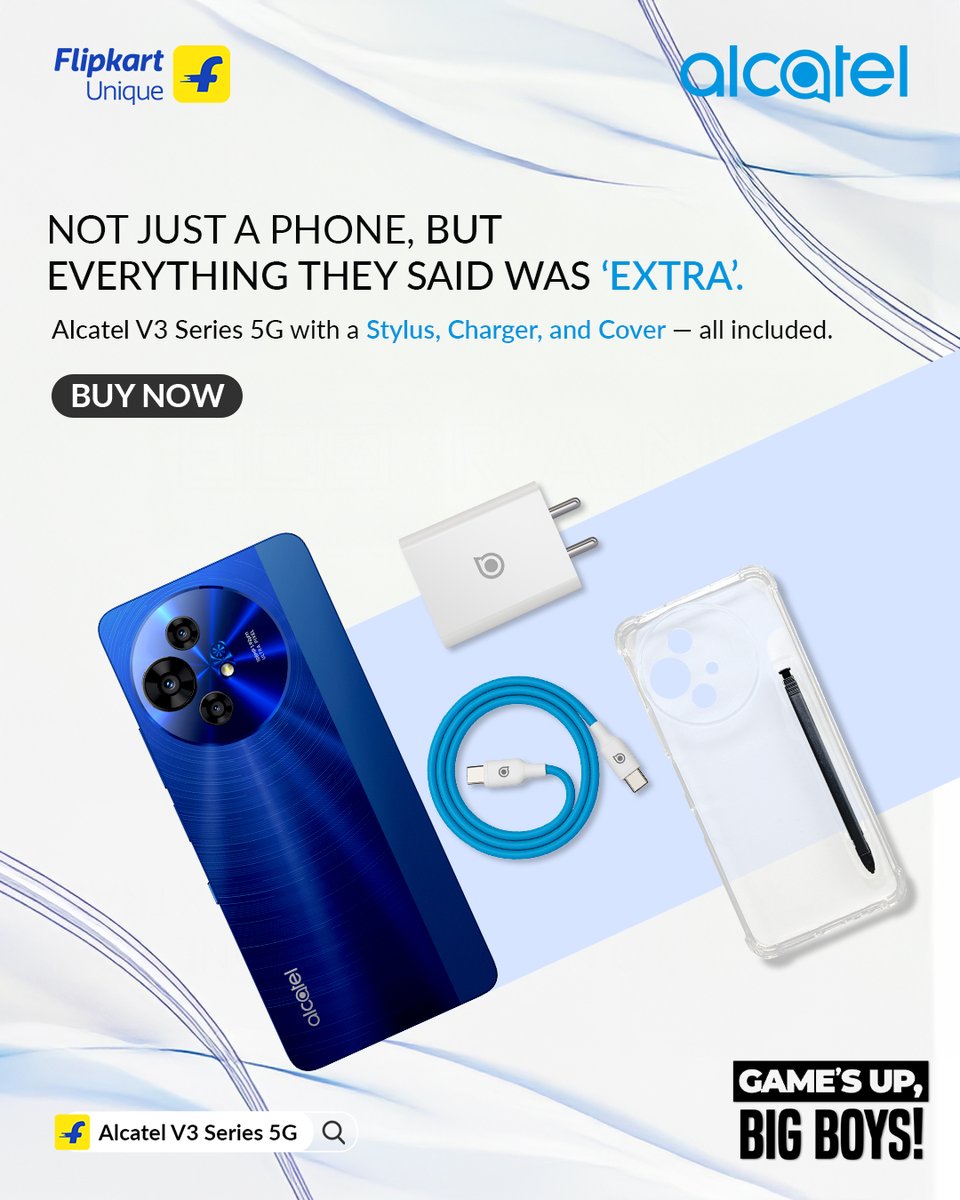 They gave you just the phone. We packed the full experience.
Stylus. Charger. Cover. No hidden extras.
Just everything the big boys wouldn’t dare include.

Available on Flipkart.

Buy Now: bit.ly/AlcatelV3Serie…

#AlcatelV3Series5G #NextGenTech #NowGeneration #AlcatelIndia