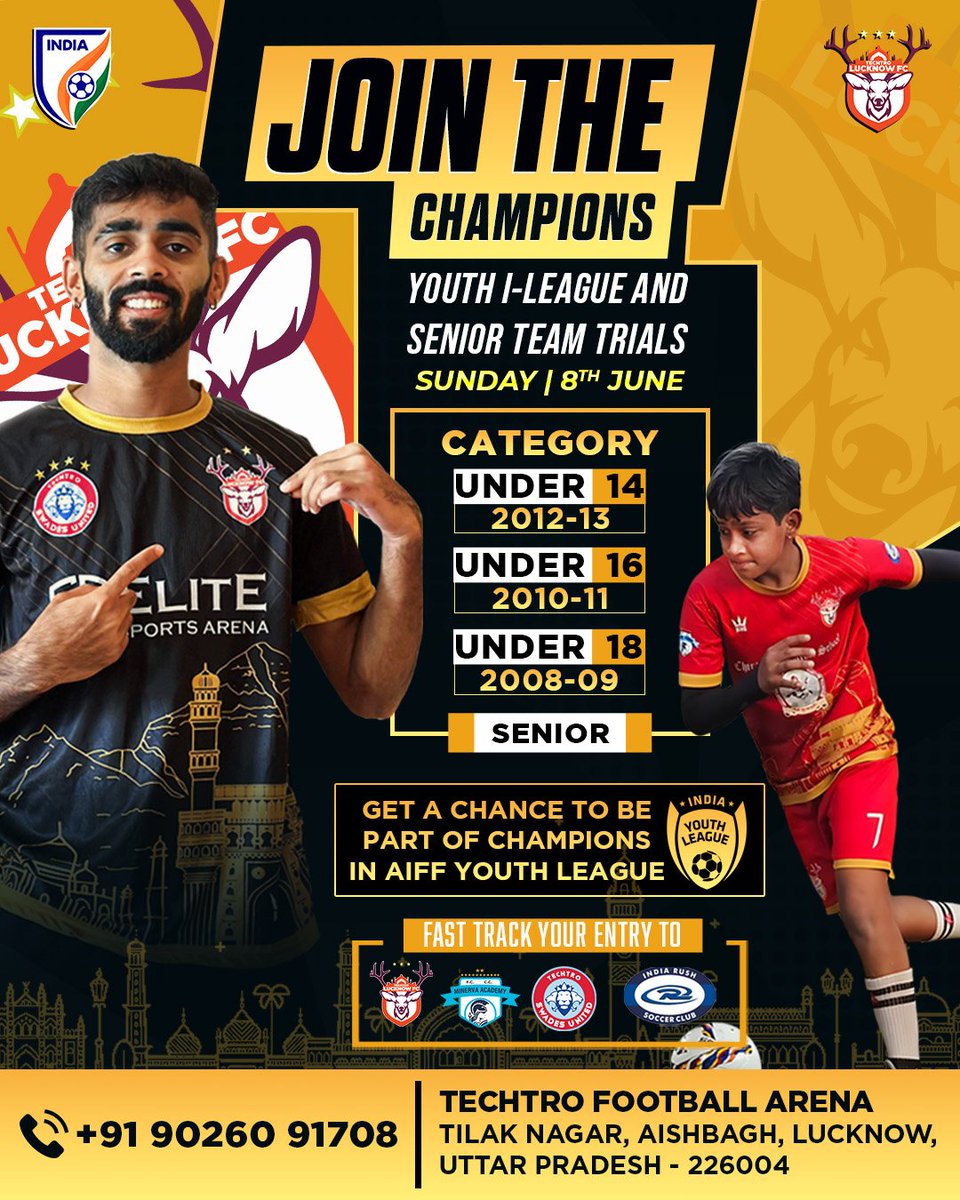techtrolucknow's tweet image. 🚨 LUCKNOW, ARE YOU READY?! 🚨
🔥 The MOST EXPLOSIVE FOOTBALL TRIALS of the season are HERE! 🔥
This is your chance to SHINE and make it to the AIFF Youth League and and in our Senior Team! 💪⚽

📍 Techtro Football Arena, Lucknow
📅 8th JUNE at 8 AM–Save the Date, Bring the Fire