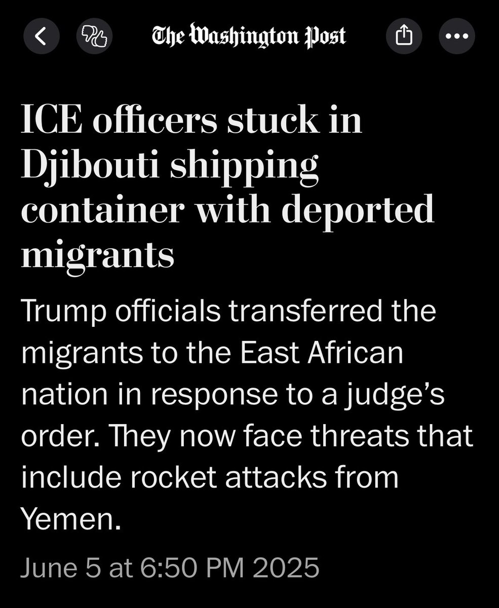 ededmd's tweet image. “Trump officials could have flown the immigrants back to the United States. Instead, they were taken to Djibouti”

“Officials said the conditions in Djibouti highlight the dangers of [Judge] Murphy’s order”

They CHOSE not to come back to the US 

This is certain to end well /s