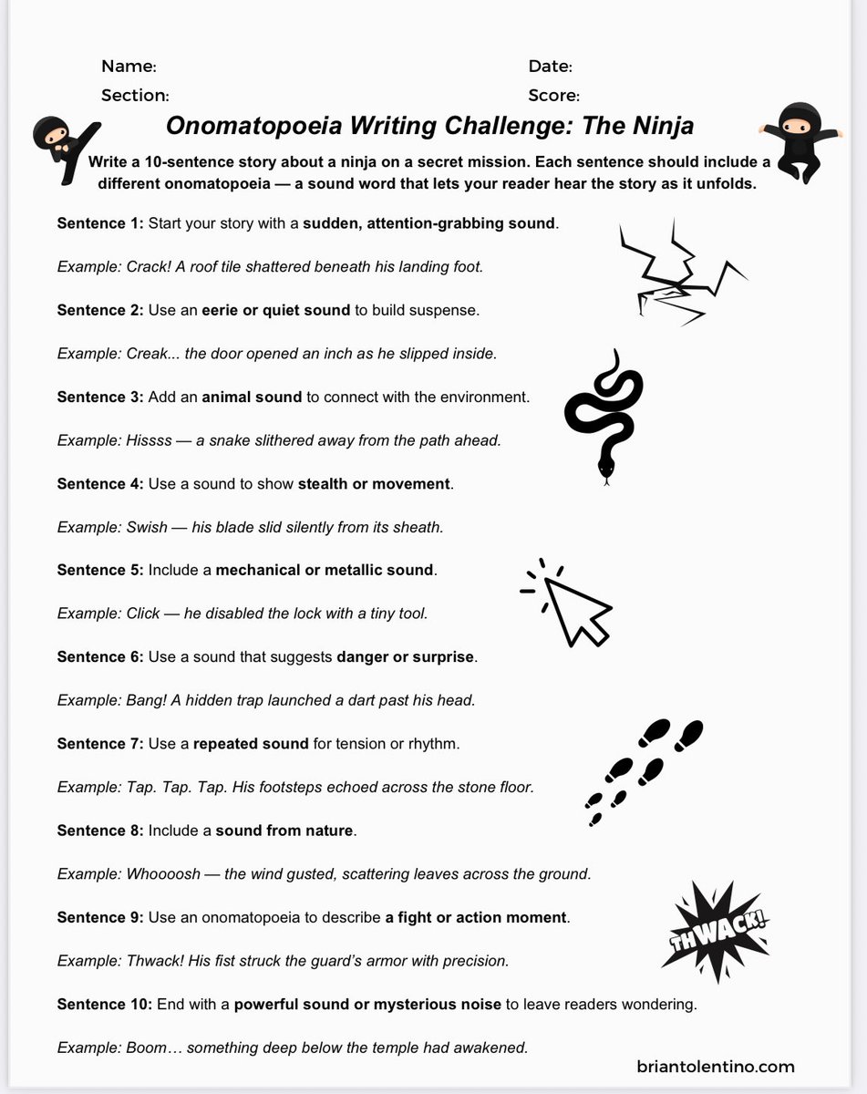 Onomatopoeia Writing Challenge: The Ninja!

Link here: briantolentino.com/onomatopoeia-w…