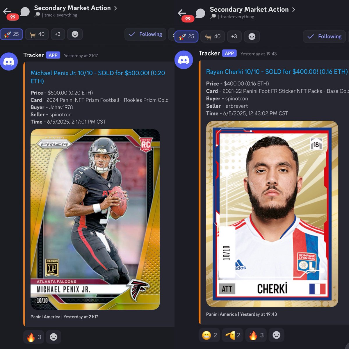 spinotron (@spinotronpc) on Twitter photo My little #PaniniBlockchain activity. 10/10 in and 10/10 out.
Not a willing seller but helped my friend JChav complete a Penix special serial trio.
Bought 10/10 serial at 2x random # of <a href="/rayan_cherki/">Rayan Cherki</a>, who then got sub’ed in late but produced 1 goal + 1 assist. Man City? Maybe. My little #PaniniBlockchain activity. 10/10 in and 10/10 out.
Not a willing seller but helped my friend JChav complete a Penix special serial trio.
Bought 10/10 serial at 2x random # of <a href="/rayan_cherki/">Rayan Cherki</a>, who then got sub’ed in late but produced 1 goal + 1 assist. Man City? Maybe.