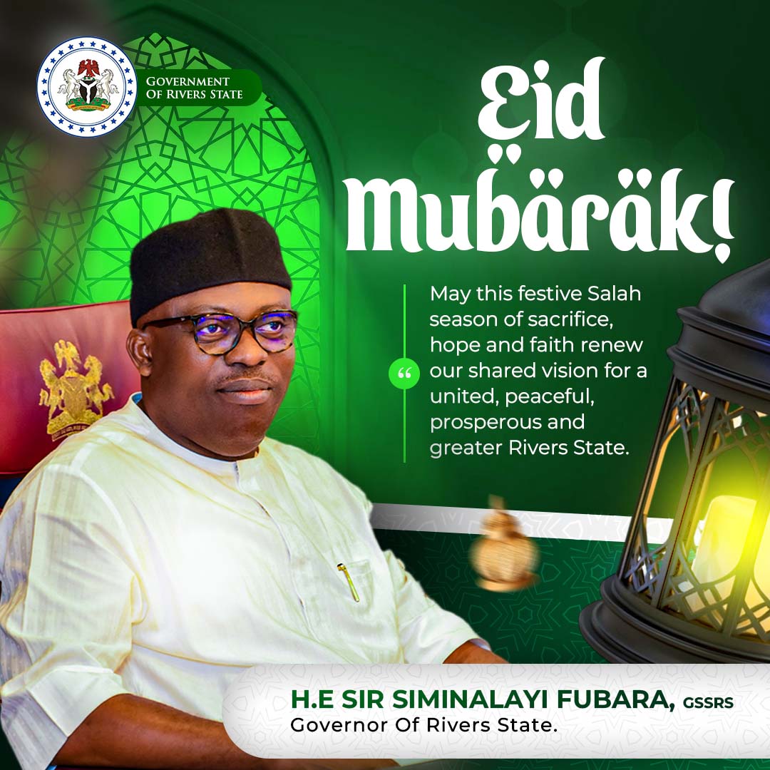SimFubaraKSC's tweet image. As we mark and celebrate Eid el-Kabir, I extend warm wishes to our Muslim faithful.
May this festive Salah season of sacrifice, hope and faith, renew our shared vision for a united, peaceful, prosperous and greater Rivers State.
Eid Mubarak!