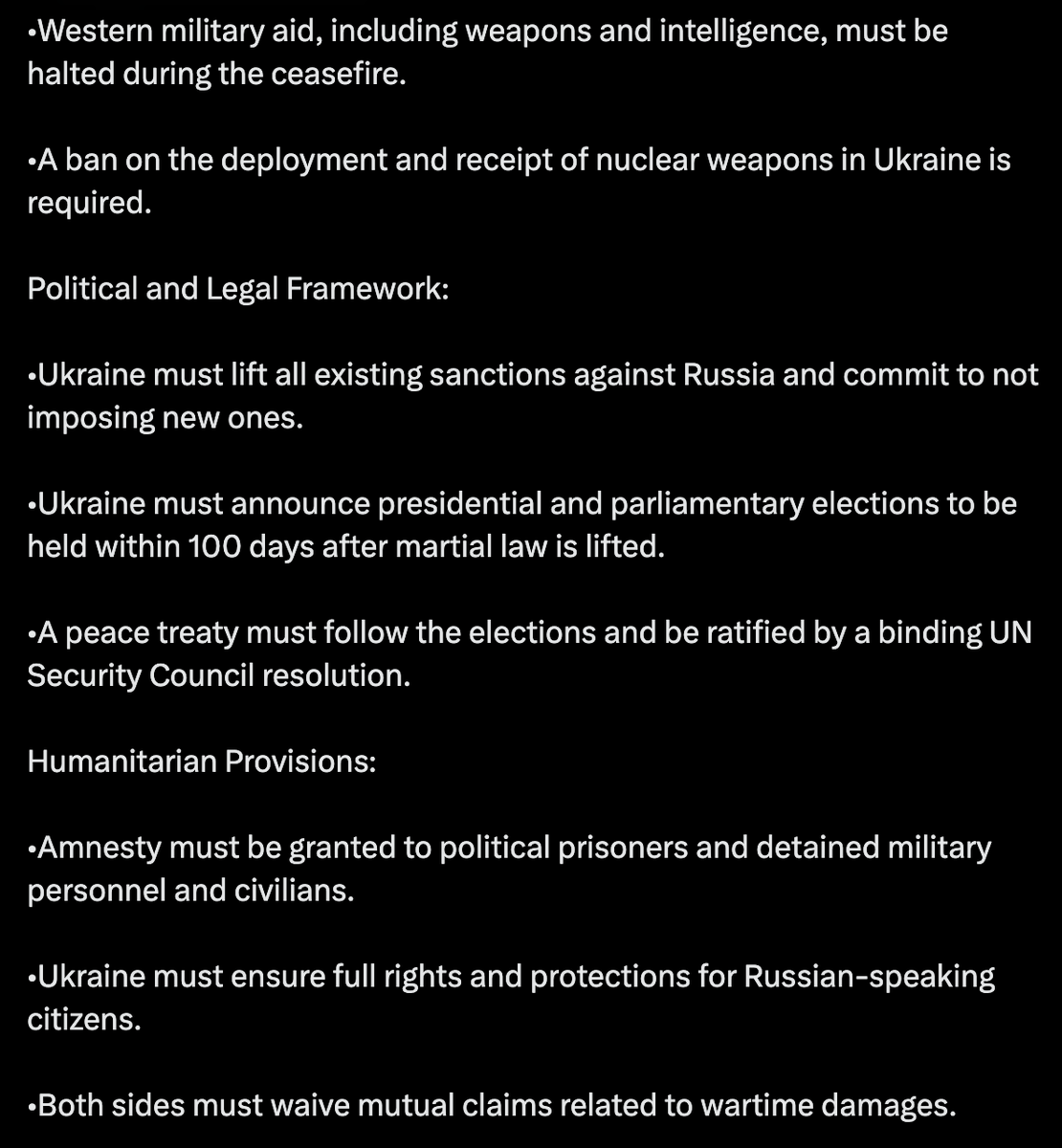 FiorellaIsabelF's tweet photo. Reasonable demands! Ukraine surrenders a large piece of the country, disbands its alliances, pulls back its army, and stop receiving help. Surrender everything—territory, sovereignty, and defense. All for “peace.” What could be more fair? 🇷🇺🕊️ #Denazify #PeacekeeperRussia https://t.co/5RinaWpBqX