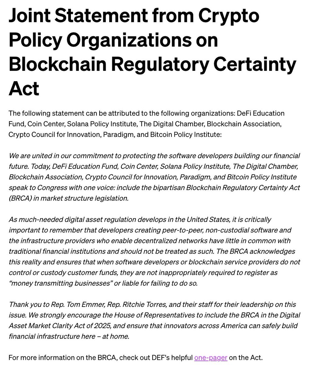 π¨ BREAKING: "Gruppi di advocacy crypto chiedono ai legislatori di includere una legge per proteggere gli sviluppatori software nella nuova legislazione sul mercato"