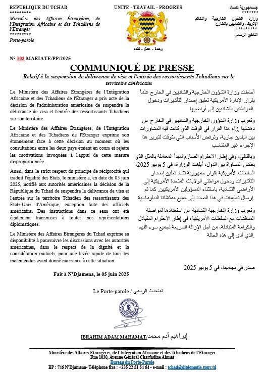 Réaction du <a href="/TCHAD/">Tchad</a> relative à la décision de <a href="/DonaldTrump_FR/">Donald T R U M P France</a> . Principe de reprocité oblige!