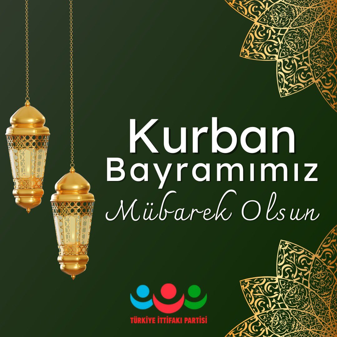 Türkiye İttifakı Partisi olarak Kurban Bayramı’nın milletçe kenetlendiğimiz, gönüllerin bir olduğu, umutların yeşerdiği bir bayram olmasını diliyoruz. Bu mübarek günlerin, ülkemize huzur, milletimize sağlık ve geleceğimize umut getirmesini temenni ederiz.

#KurbanBayramı #Bayram