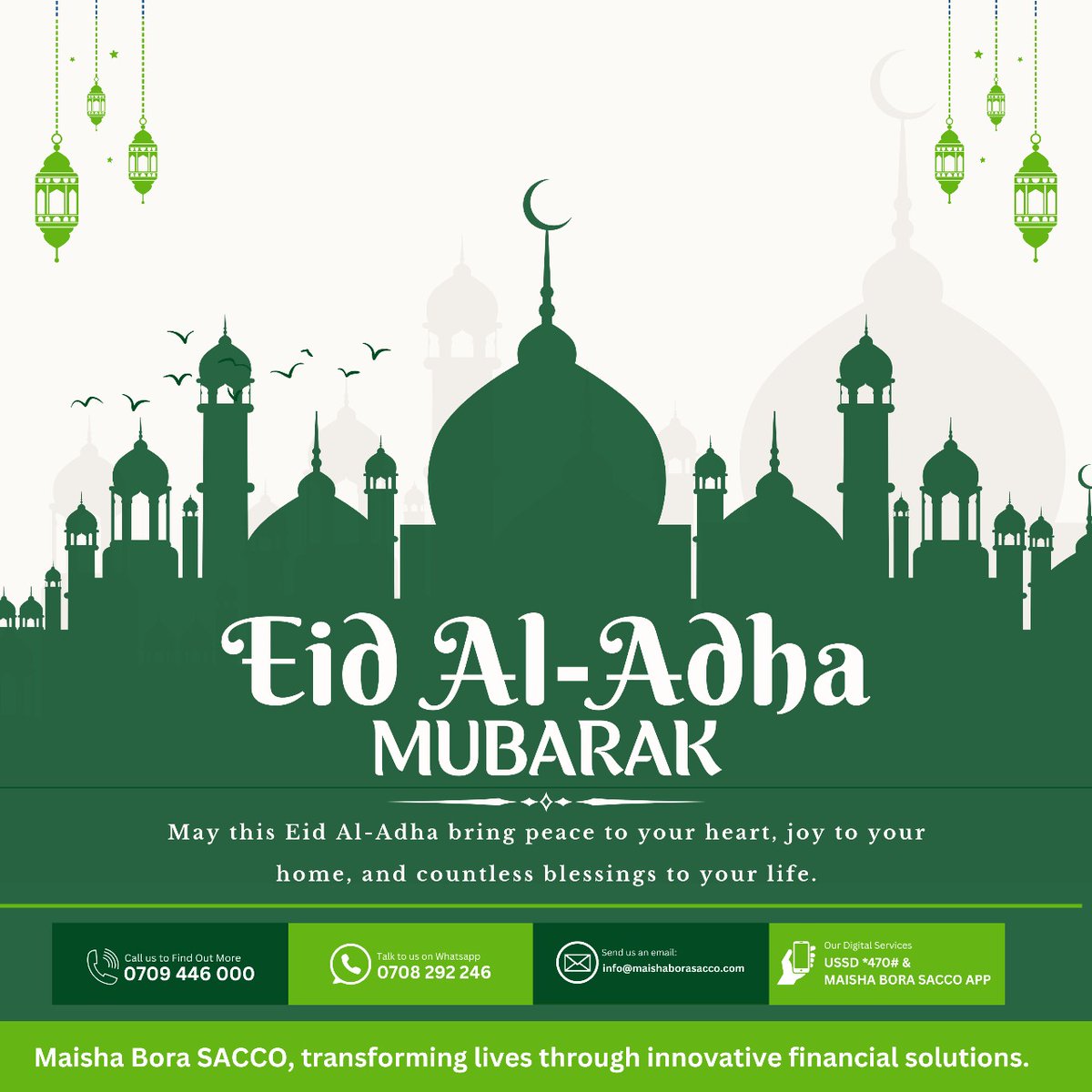 Maisha Bora Sacco wishes you and your family a joyful and blessed Eid al-Adha. May this season of sacrifice and gratitude bring peace, prosperity, and unity to all. Eid Mubarak!
#EidAlAdha #EidMubarak #MaishaBoraSacco #TogetherWeProsper #FaithAndUnity #GratitudeAndGiving