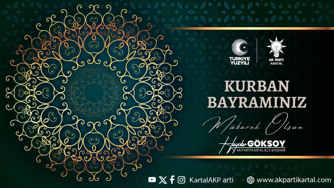 Birlik ve beraberliğimizin pekiştiği,
mübarek Kurban Bayramında; Ailenizle birlikte sağlık, huzur ve mutluluk dolu bir bayram geçirmeniz dileğiyle.. 
Kurban Bayramınız mübarek olsun.

#HerMahallesiyle Kartal
#BuBayramda