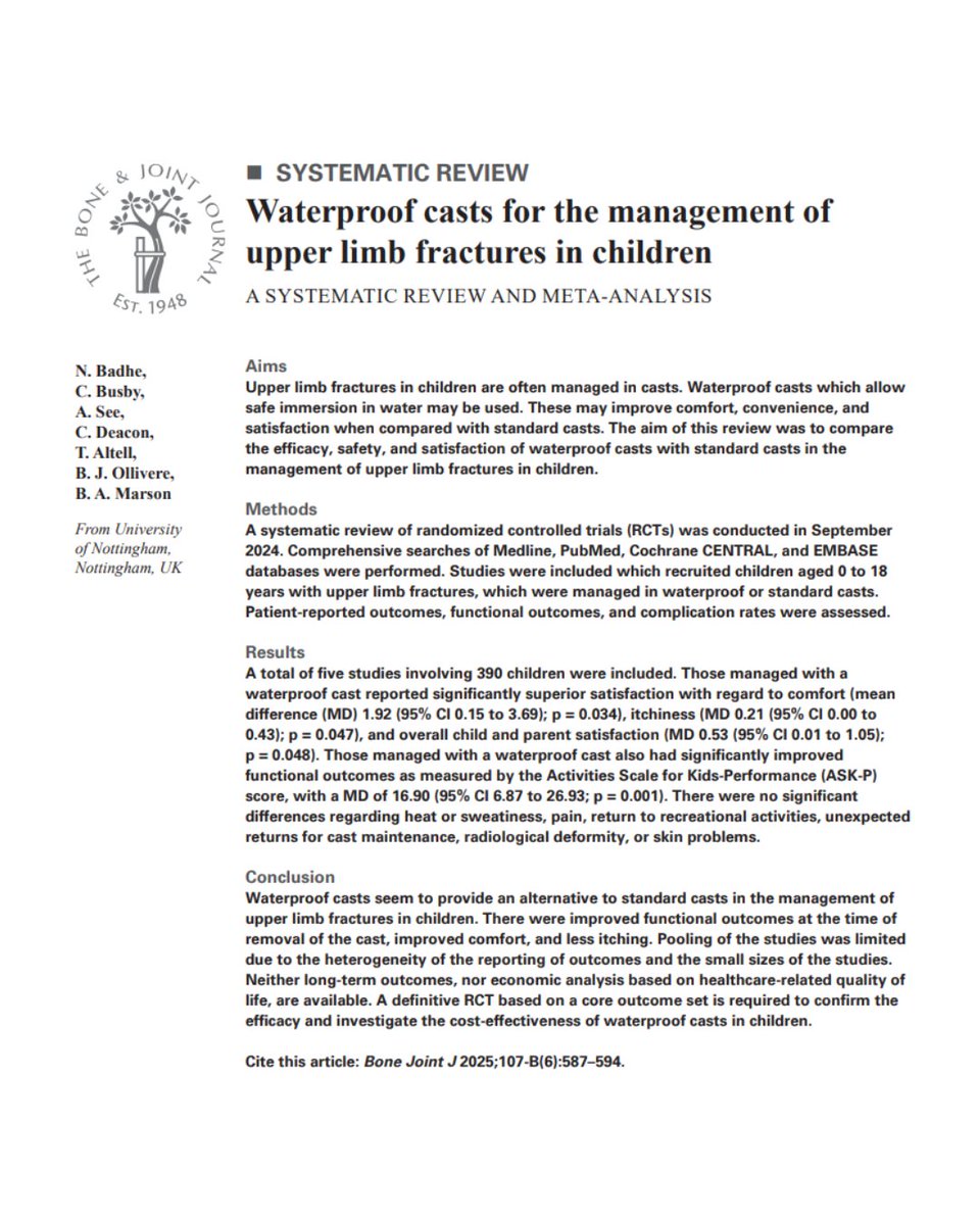 The Bone & Joint Journal (@bonejointj) on Twitter photo The aim of this review was to compare the efficacy, safety and satisfaction of waterproof casts with standard casts in the management of upper limb fractures in children.
#ChildrensOrthopedics #PedsOrtho #BrokenArm #FractureCare <a href="/drbmarson/">Ben Marson</a>
ow.ly/btxO50W2smX The aim of this review was to compare the efficacy, safety and satisfaction of waterproof casts with standard casts in the management of upper limb fractures in children.
#ChildrensOrthopedics #PedsOrtho #BrokenArm #FractureCare <a href="/drbmarson/">Ben Marson</a>
ow.ly/btxO50W2smX