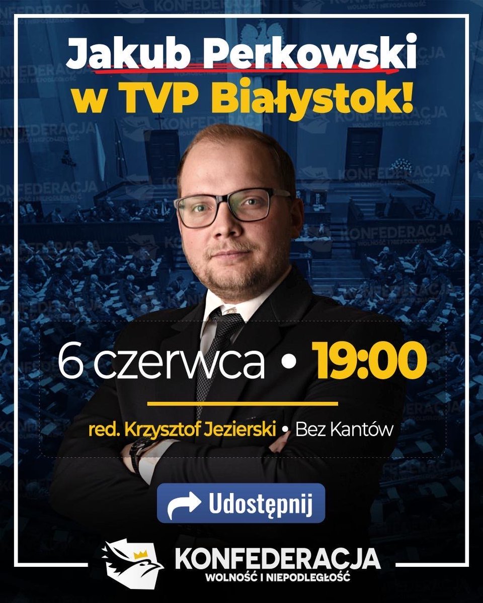 Perkowski_RN's tweet photo. Już dziś wieczorem będę gościem @TvpBia w programie "Bez Kantów". Serdecznie zapraszam do obejrzenia. 19:00, TVP Białystok.
#Perkowski #media #RuchNarodowy #Konfederacja #Białystok #Podlaskie #PoPierwszePolska #PoPierwszePolacy https://t.co/fs2rE72n4r