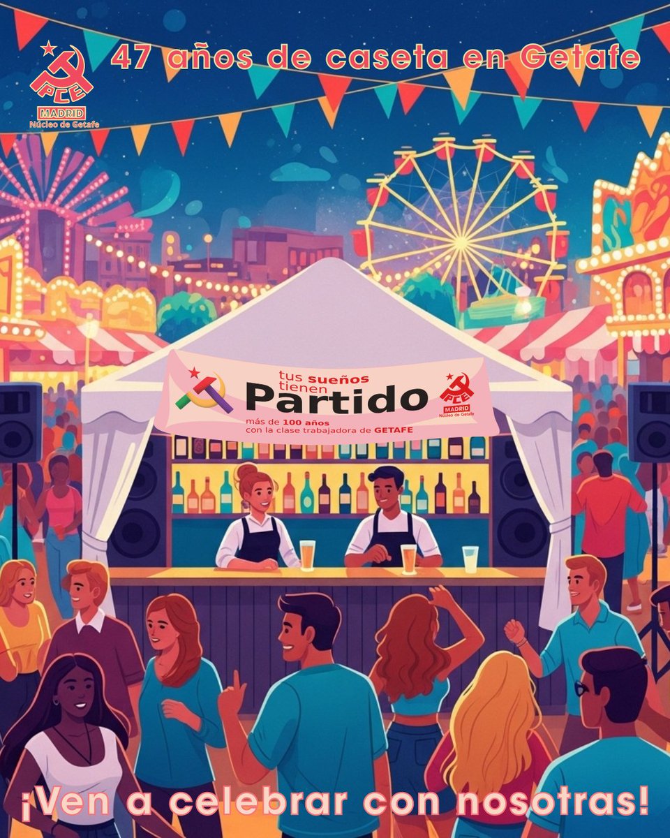 🎉 ¡Hoy comienzan las fiestas de #Getafe! 

🚩 Como cada año podréis encontrarnos en la caseta del PCE en el recinto ferial, con el mejor mojito 🍸, bocadillos 🥖, comida vegana 🍔... 

🎶 Pero sobre todo ¡con el mejor ambiente! 🎶

¡Te esperamos!