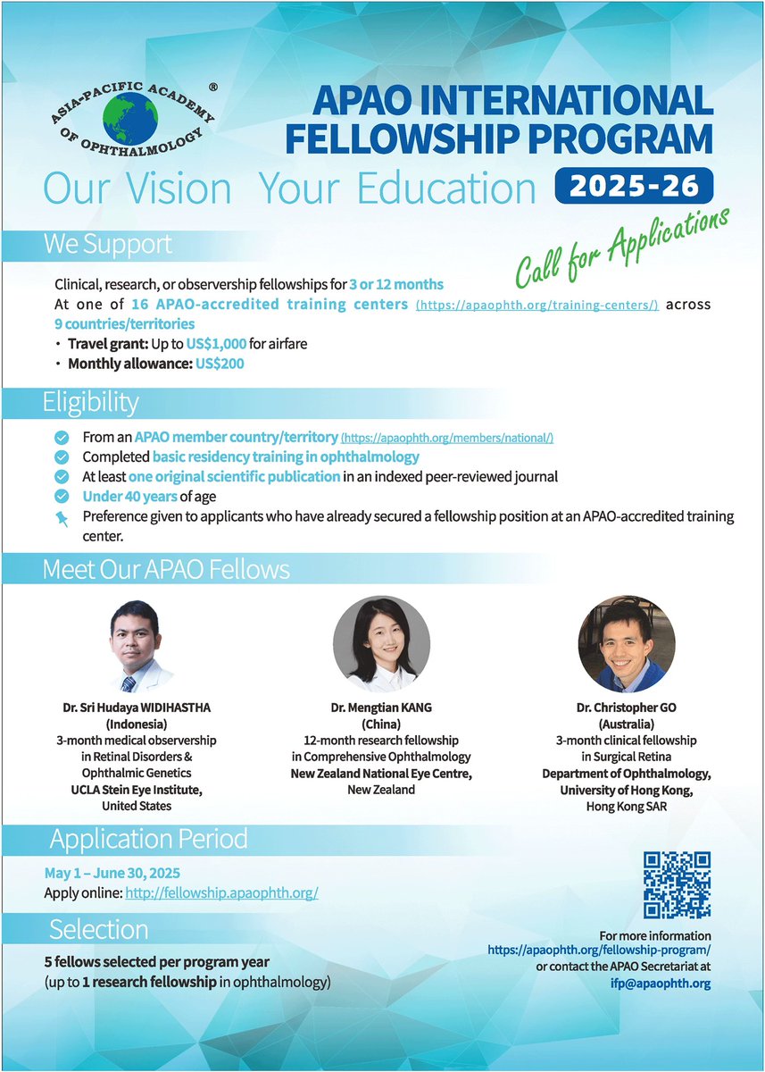 🎓 Reminder: Less Than 1 Month Left to Apply for APAO IFP 2025–2026!

📌 Apply here: fellowship.apaophth.org
📅 Deadline: June 30, 2025

For more details, visit: apaophth.org/fellowship-pro…

#APAO #IFP #APAOIFP