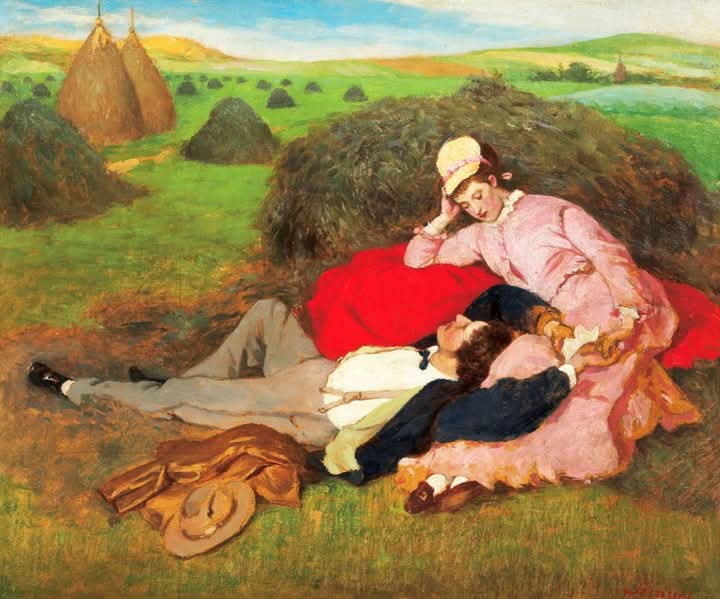 "Amantes"
Pál Szinyei Merse (1845–1920) 

"Amantes"
Fecha 1870
óleo sobre lienzo
Dimensiones Altura: 53,5 cm (21 pulgadas); Ancho: 63,5 cm (25 pulgadas)
Galería Nacional Húngara