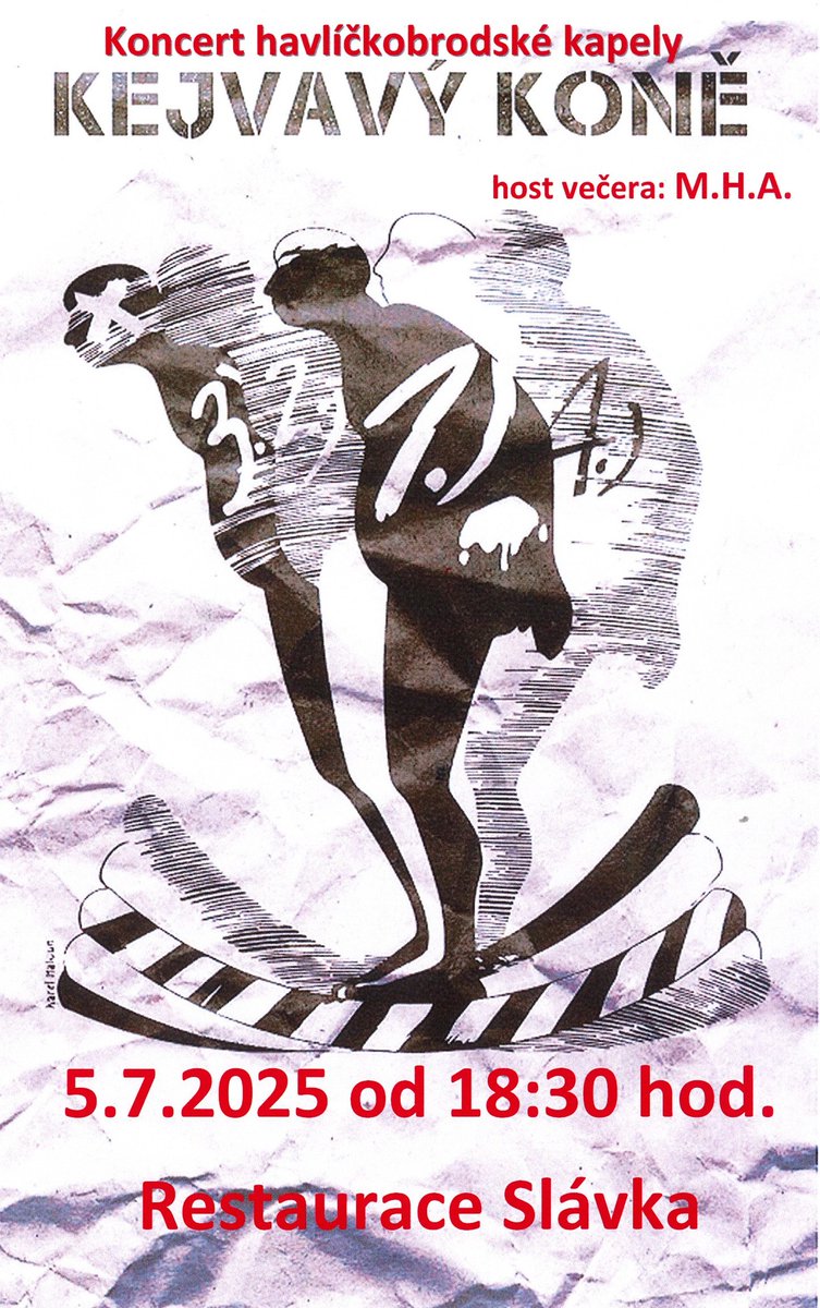 Nenechte si ujít 📷
Koncert legendární havlíčkobrodské kapely Kejvavý Koně 5.7.2025 od 18:30 hod. u Restaurace Slávka v Hradci Králové. Kapela funguje již více jak 40 let. A jelikož zakládající členové byli v blízkém vztahu s Michalem Ambrožem tak i žánrově se jejich hudba podobá